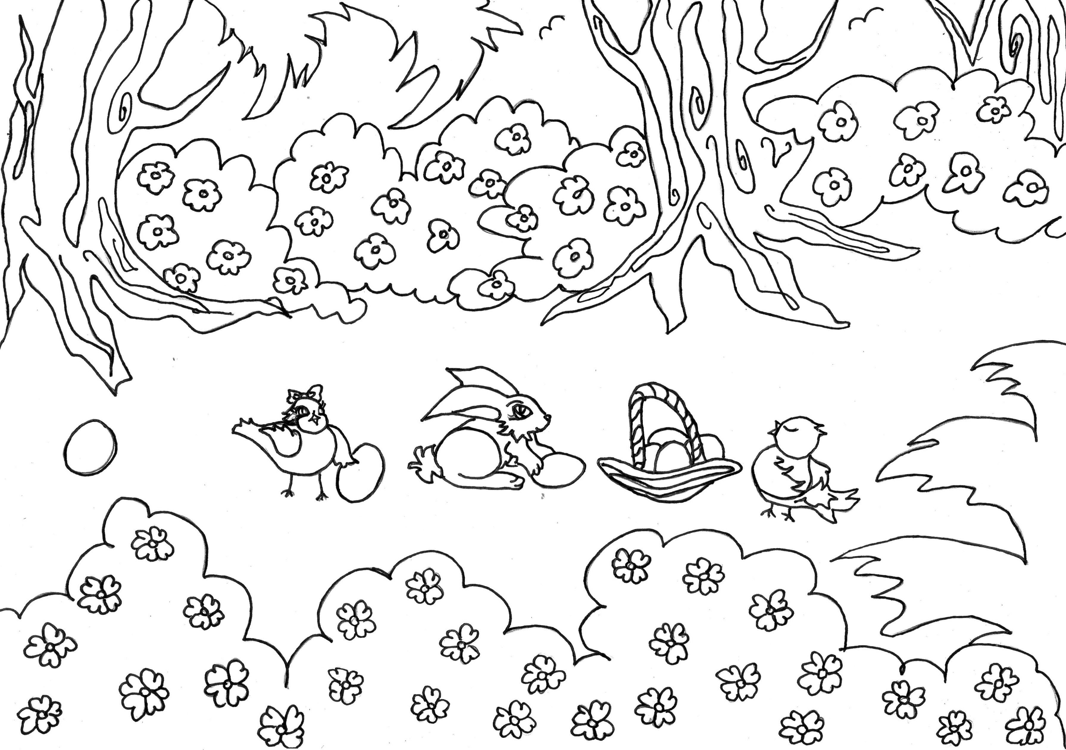 dibujos-de-primavera-para-colorear-dibujo-colorear-the-chickens-and-the-bunny-in-the-forest