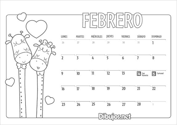 Calendarios del mes de Febrero para colorear | Colorear imágenes