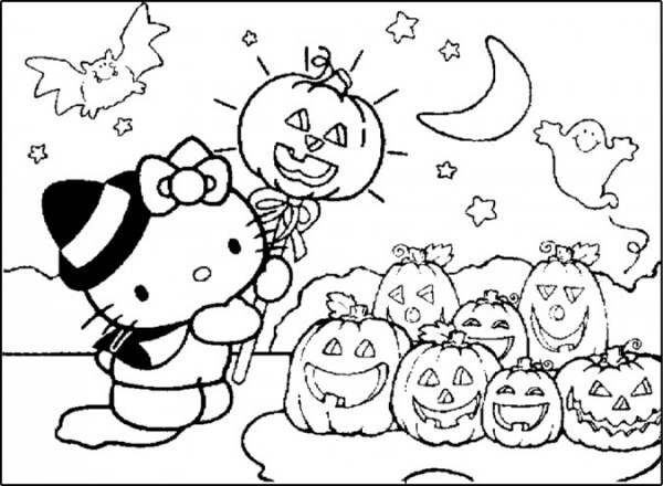 Dibujos Infantiles De Happy Halloween Con Kitty Para Colorear